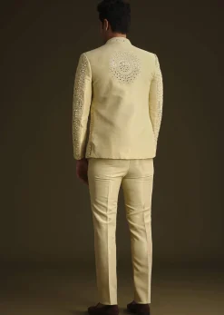 Powder Yellow Silk Mirror Work Indo Jacket Set
