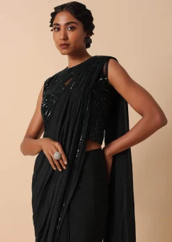 Pre Stitched Black Saree With Cut Dana Embellishments