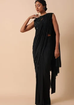 Pre Stitched Black Saree With Cut Dana Embellishments