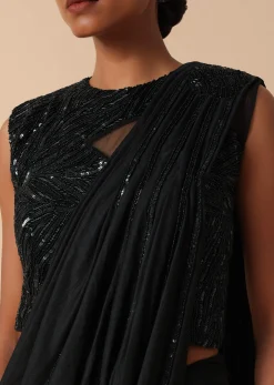 Pre Stitched Black Saree With Cut Dana Embellishments