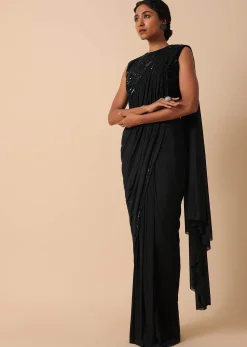 Pre Stitched Black Saree With Cut Dana Embellishments
