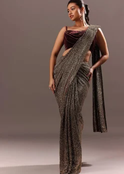 Pre Stitched Brown Sequined Saree With Cowl Blouse
