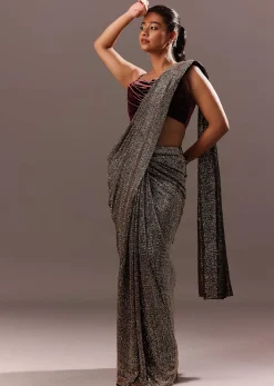Pre Stitched Brown Sequined Saree With Cowl Blouse