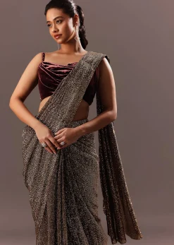 Pre Stitched Brown Sequined Saree With Cowl Blouse