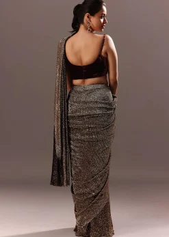 Pre Stitched Brown Sequined Saree With Cowl Blouse