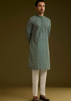 Printed Silk Kurta Set In Peacock Blue
