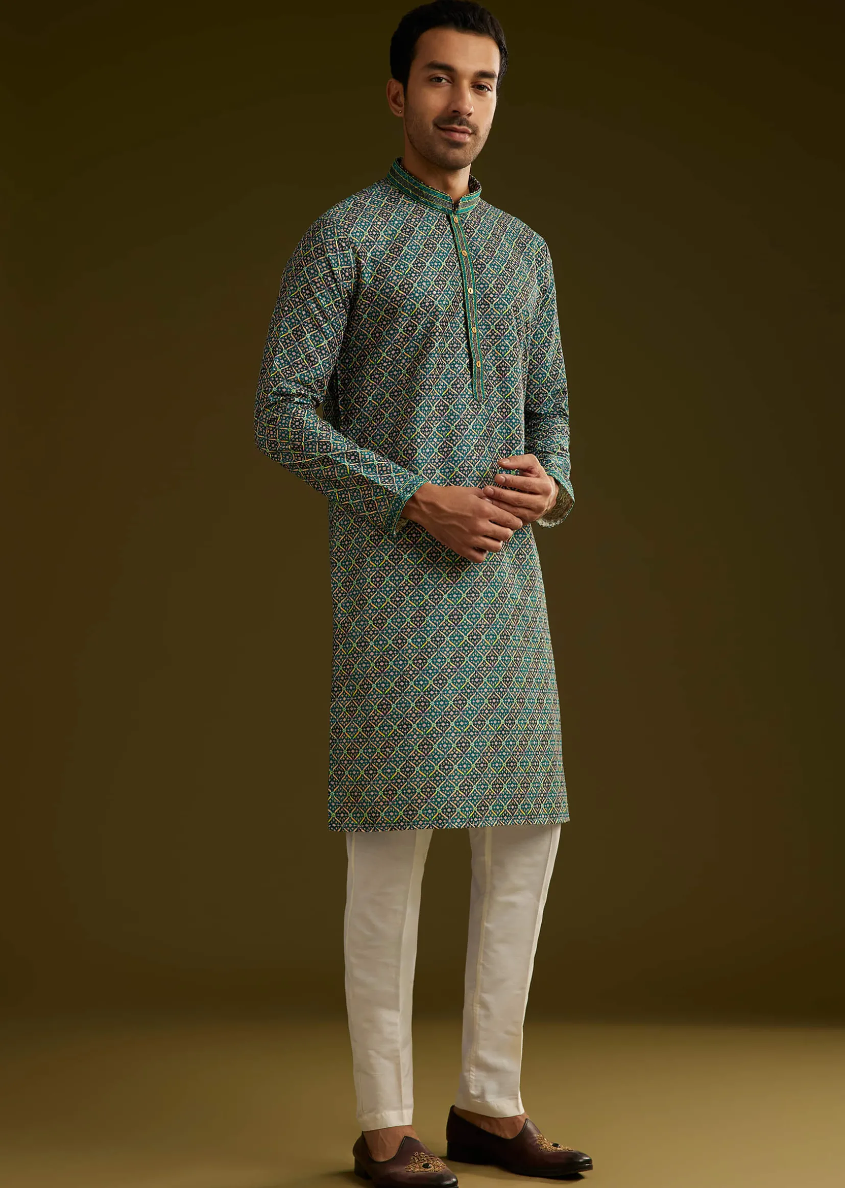 Printed Silk Kurta Set In Peacock Blue