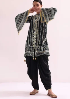 Printed With Embroidery Black Kurta Dhoti Set With Potali
