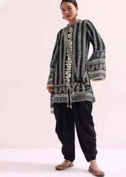 Printed With Embroidery Black Kurta Dhoti Set With Potali