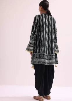 Printed With Embroidery Black Kurta Dhoti Set With Potali