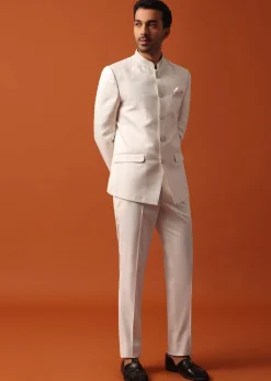 Pristine White Jodhpuri Suit With Pocket Square