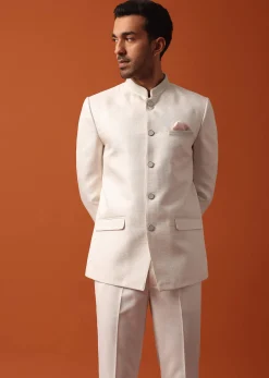 Pristine White Jodhpuri Suit With Pocket Square