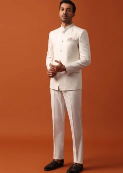 Pristine White Jodhpuri Suit With Pocket Square