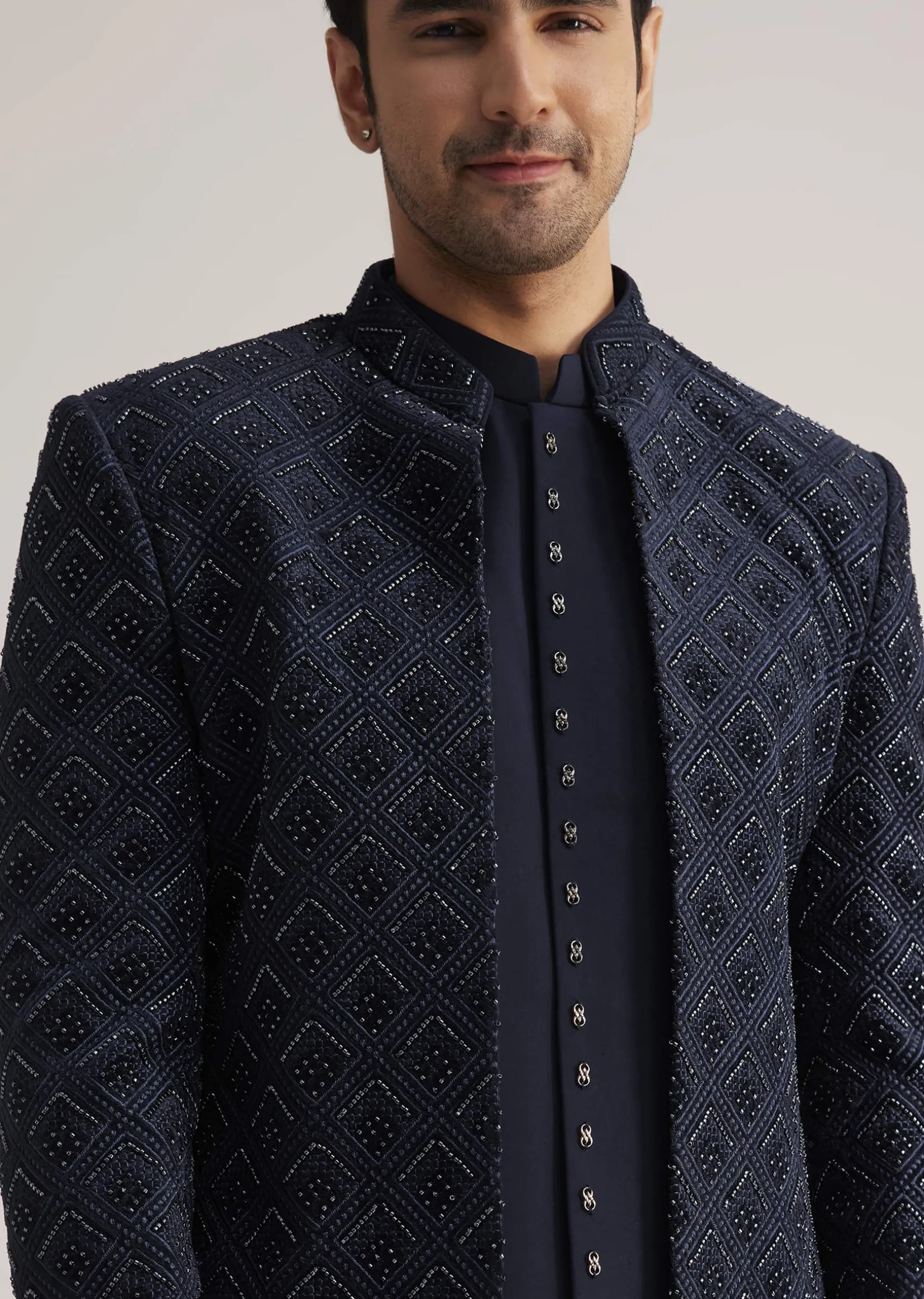 Prussian Blue Sherwani Set With Stone Work Detailing