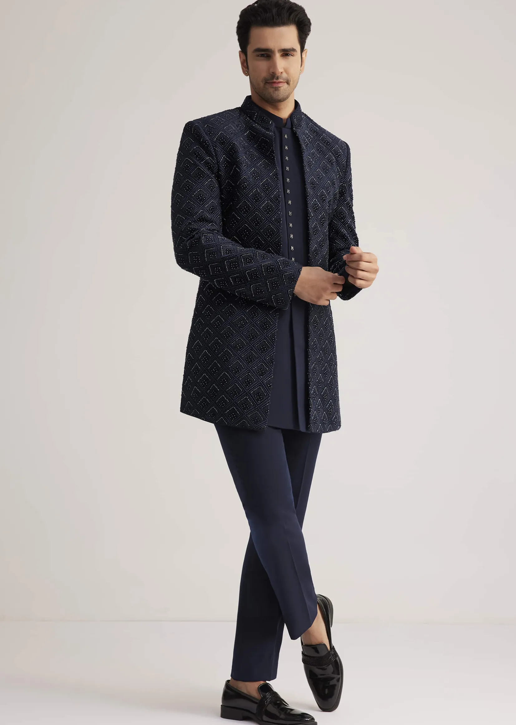 Prussian Blue Sherwani Set With Stone Work Detailing