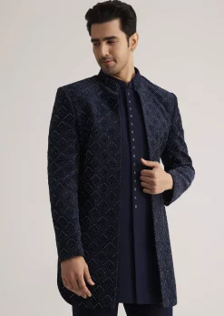 Prussian Blue Sherwani Set With Stone Work Detailing