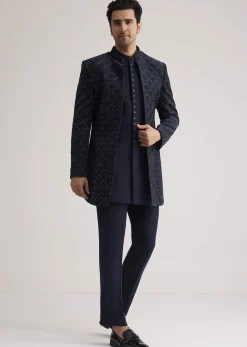 Prussian Blue Sherwani Set With Stone Work Detailing