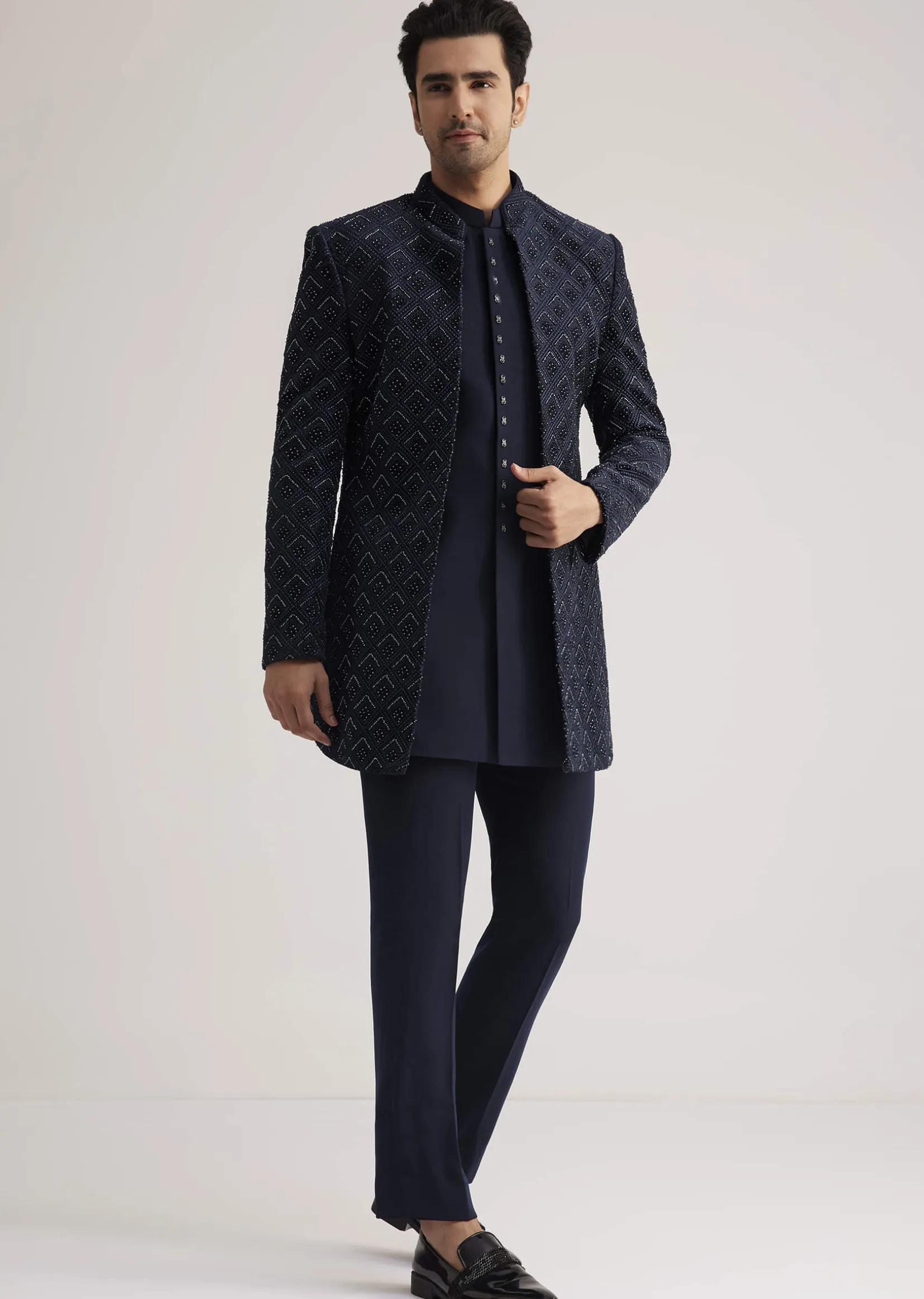 Prussian Blue Sherwani Set With Stone Work Detailing