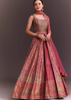 Punch Pink Embroidered Anarkali With Net Dupatta