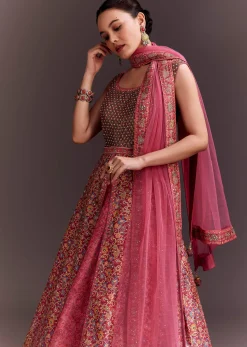 Punch Pink Embroidered Anarkali With Net Dupatta