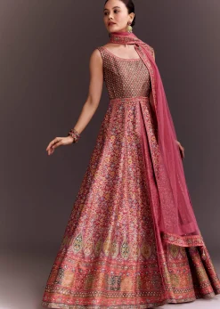 Punch Pink Embroidered Anarkali With Net Dupatta