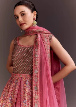 Punch Pink Embroidered Anarkali With Net Dupatta