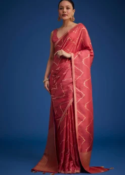 Punch Pink Silk Saree With Zari Accents On Pallu And Border