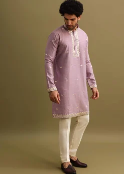 Purple Abla Work Kurta Set For Men