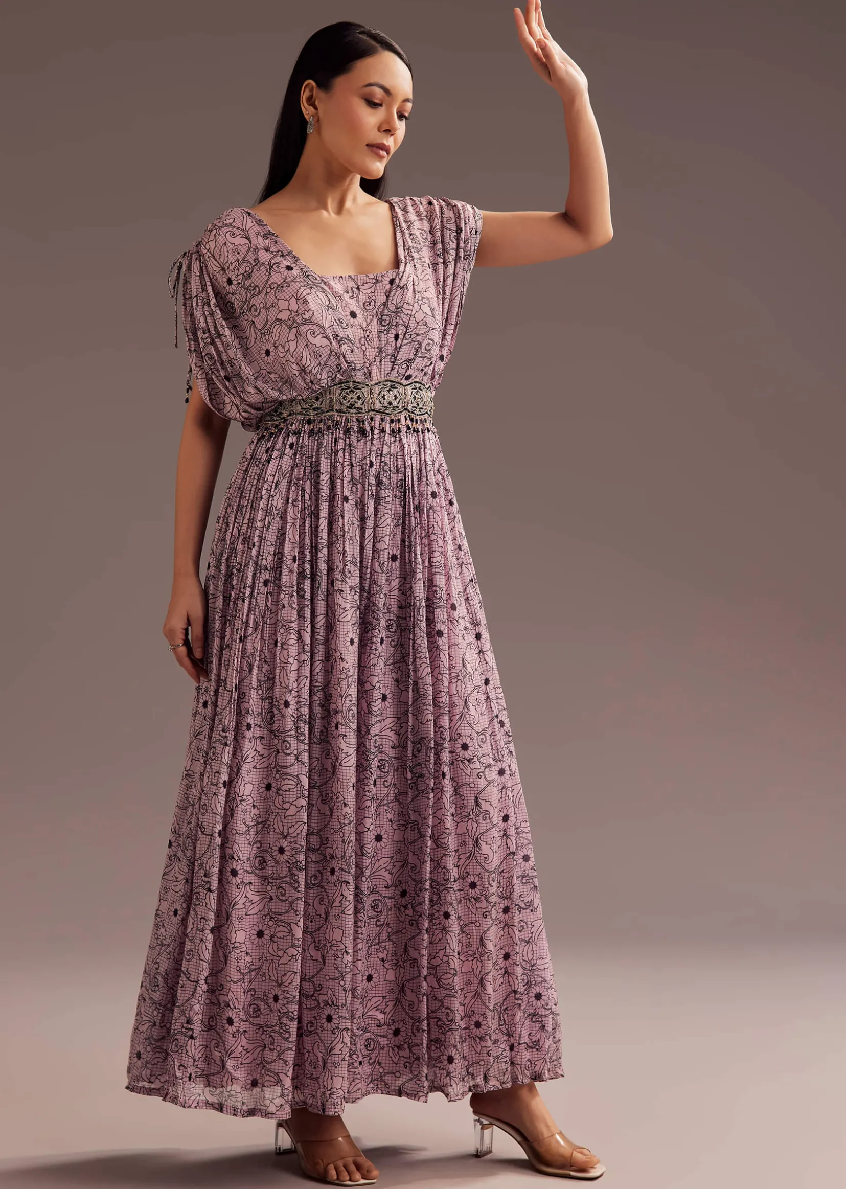 Purple Abstract Print Resham Sequins Work Jumpsuit