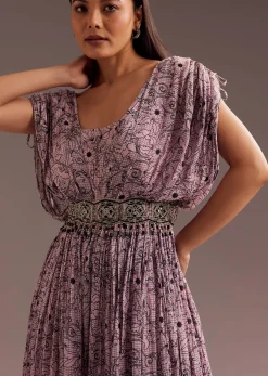 Purple Abstract Print Resham Sequins Work Jumpsuit