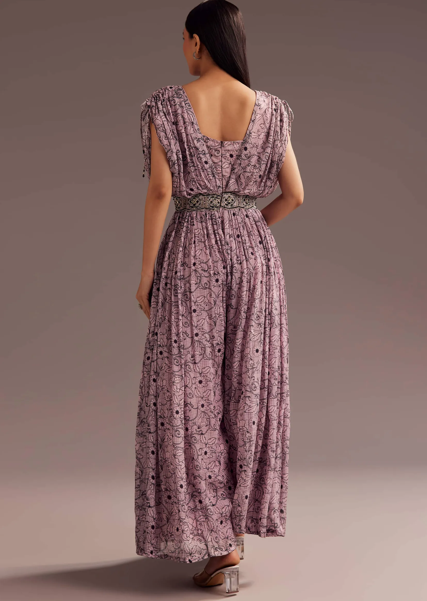 Purple Abstract Print Resham Sequins Work Jumpsuit