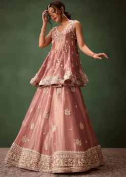 Purple Angrakha Style Embroidered Kurta With Lehenga