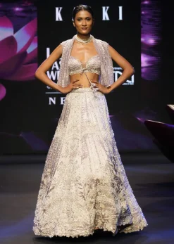 Purple Banarasi Embroidered Blouse With Cropped Jacket And Lehenga