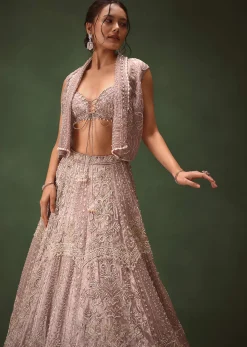 Purple Banarasi Embroidered Blouse With Cropped Jacket And Lehenga
