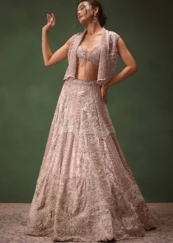 Purple Banarasi Embroidered Blouse With Cropped Jacket And Lehenga