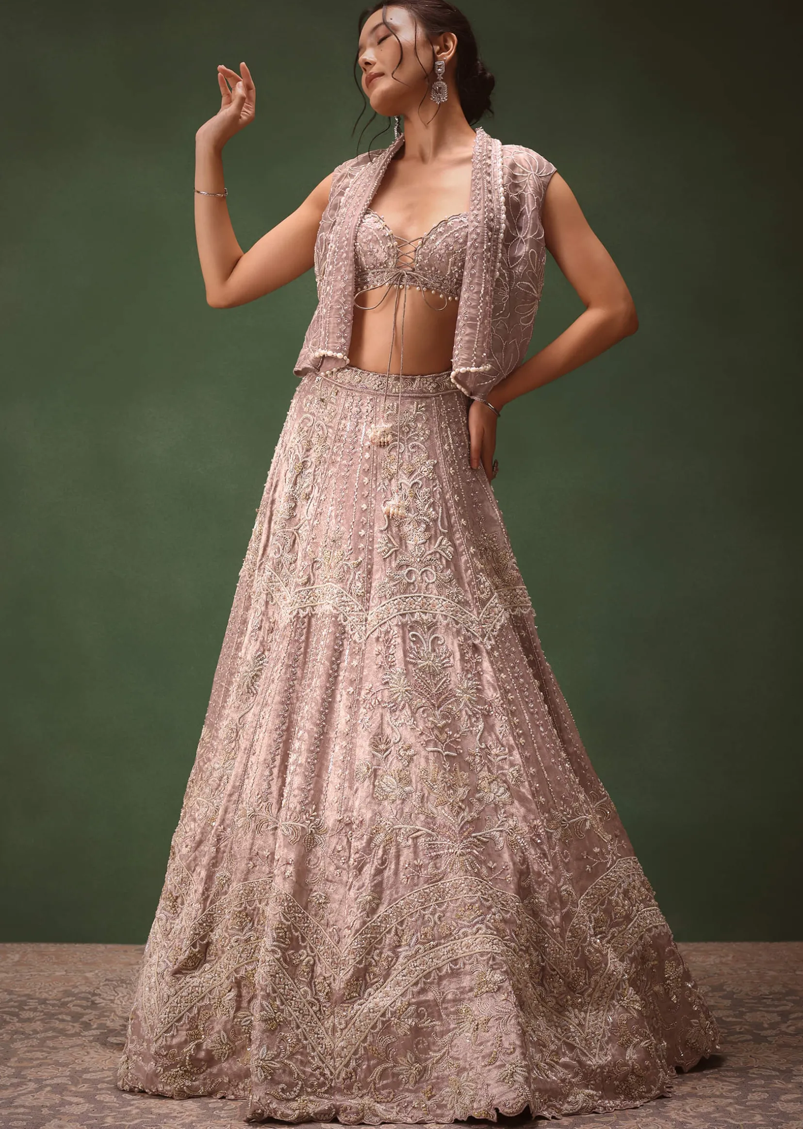 Purple Banarasi Embroidered Blouse With Cropped Jacket And Lehenga