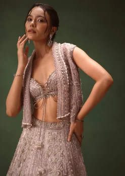 Purple Banarasi Embroidered Blouse With Cropped Jacket And Lehenga