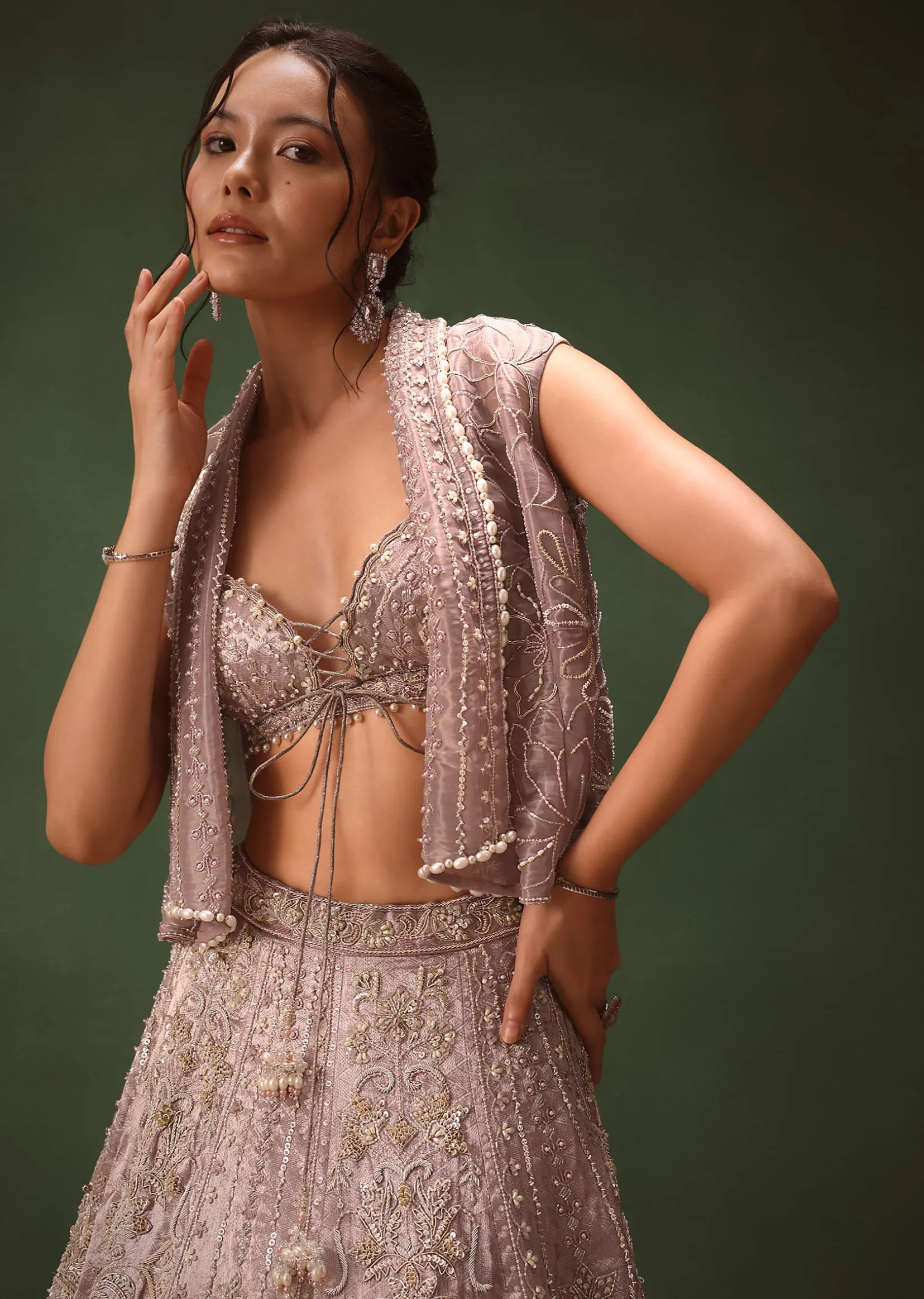 Purple Banarasi Embroidered Blouse With Cropped Jacket And Lehenga