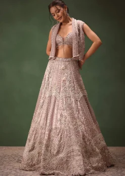 Purple Banarasi Embroidered Blouse With Cropped Jacket And Lehenga