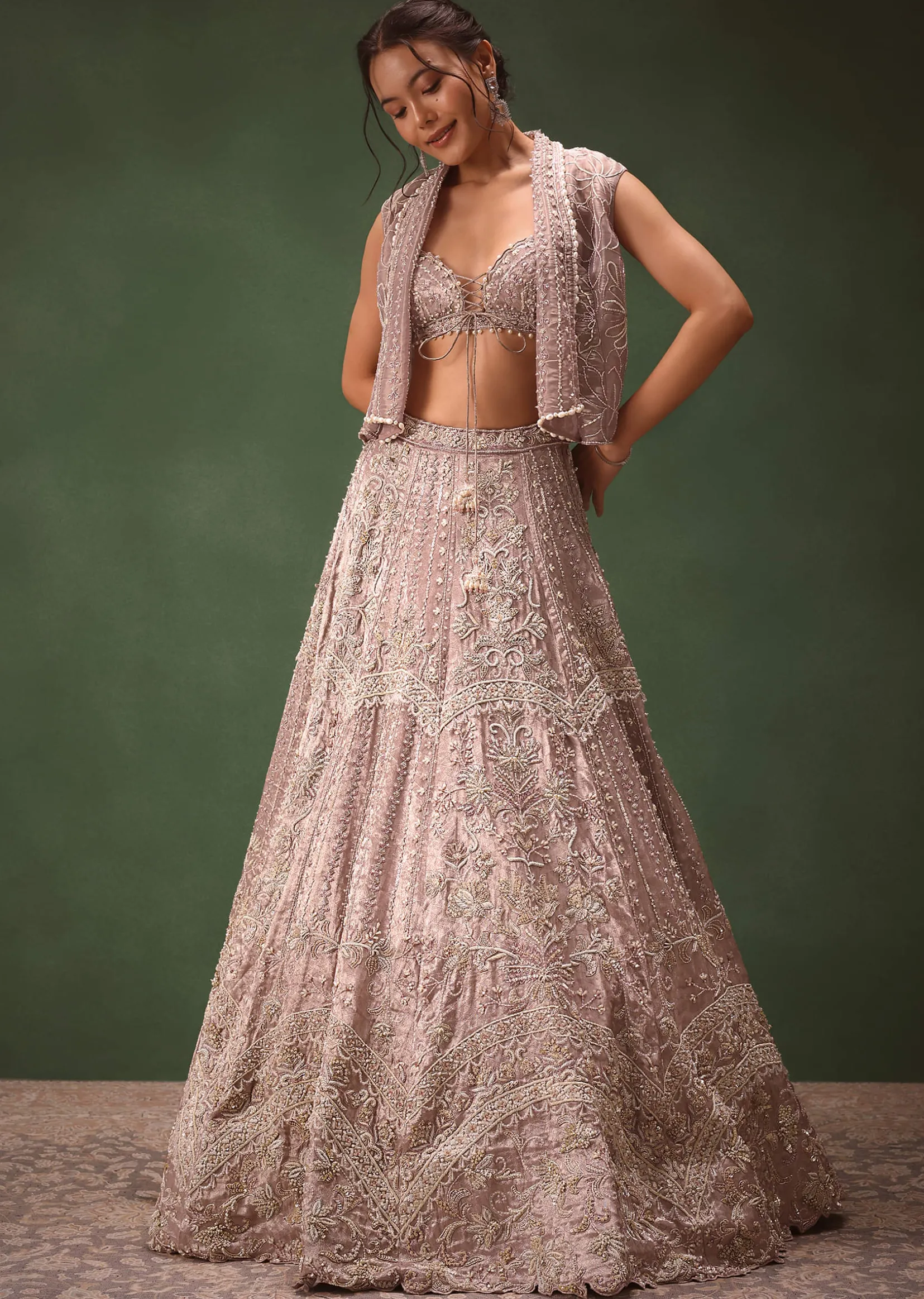 Purple Banarasi Embroidered Blouse With Cropped Jacket And Lehenga