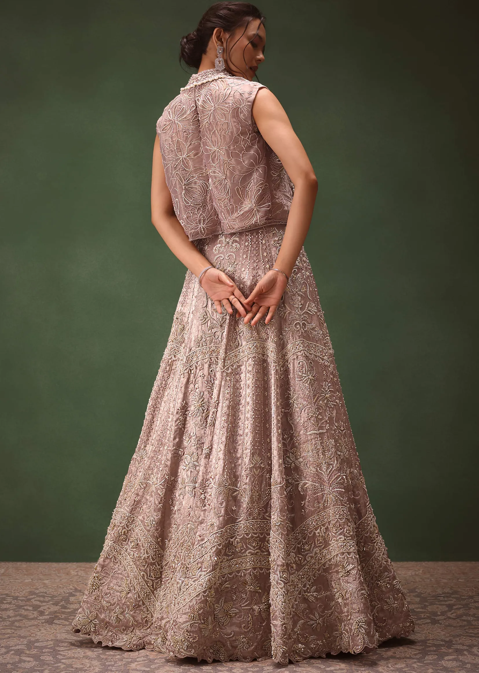 Purple Banarasi Embroidered Blouse With Cropped Jacket And Lehenga