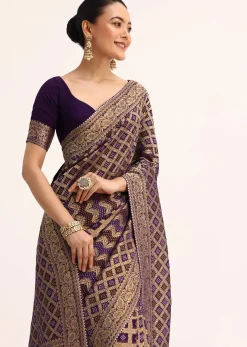 Purple Bandhani Tie Dye Saree With Zari Jaal And Unstitched Blouse