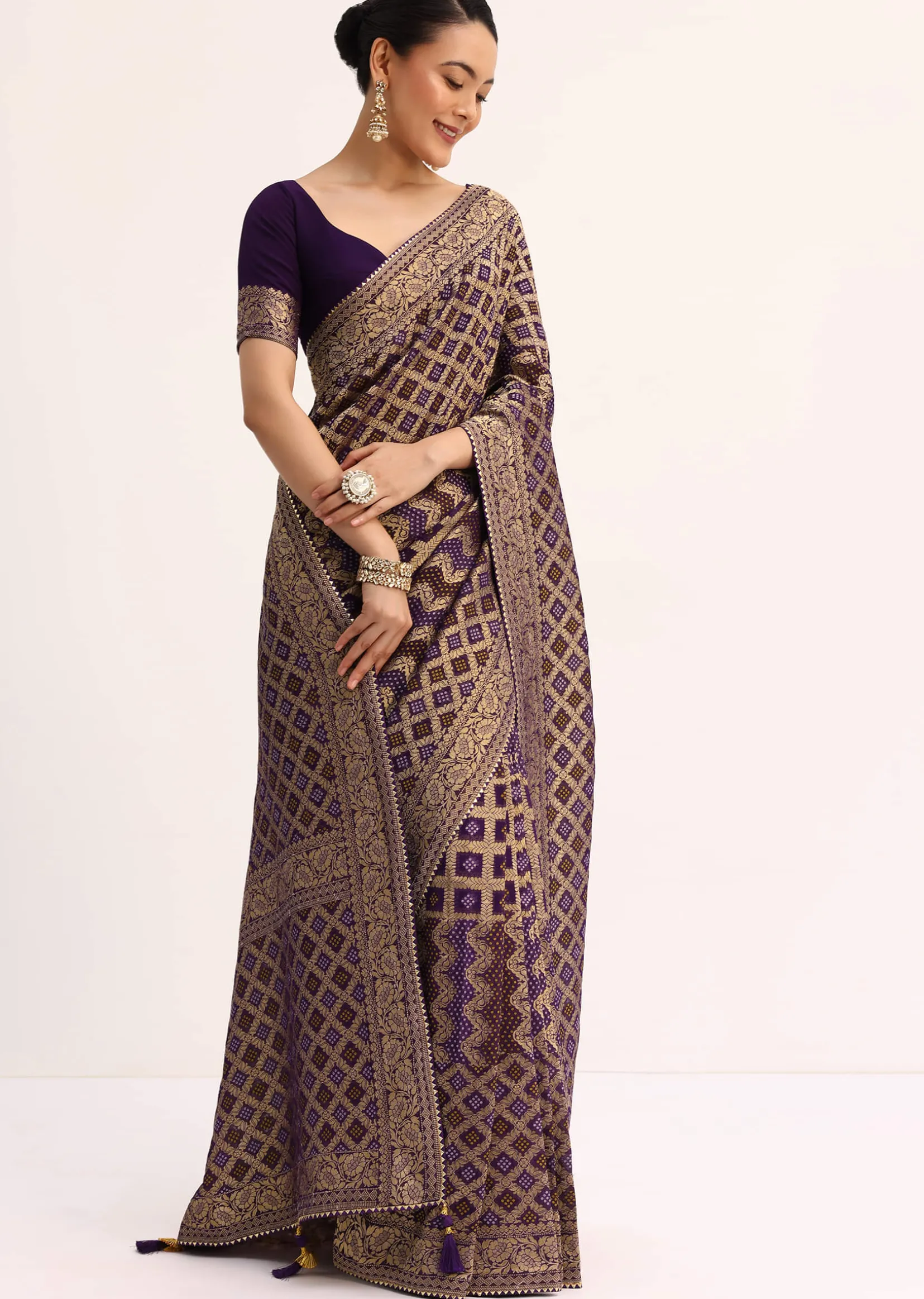 Purple Bandhani Tie Dye Saree With Zari Jaal And Unstitched Blouse