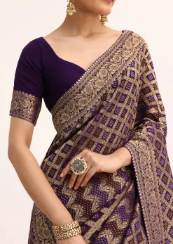 Purple Bandhani Tie Dye Saree With Zari Jaal And Unstitched Blouse