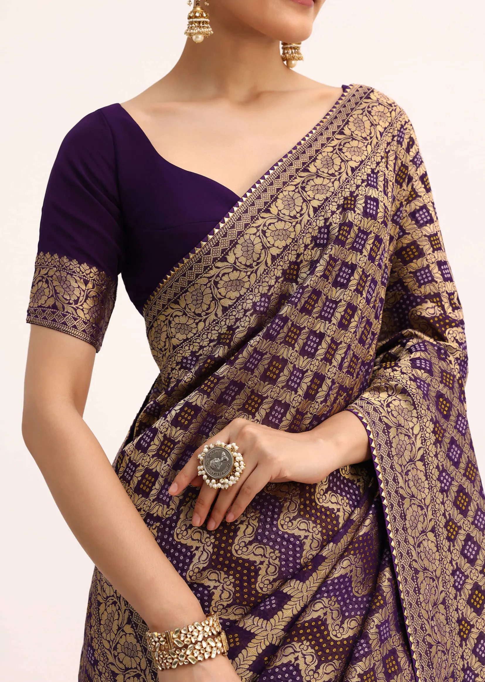 Purple Bandhani Tie Dye Saree With Zari Jaal And Unstitched Blouse
