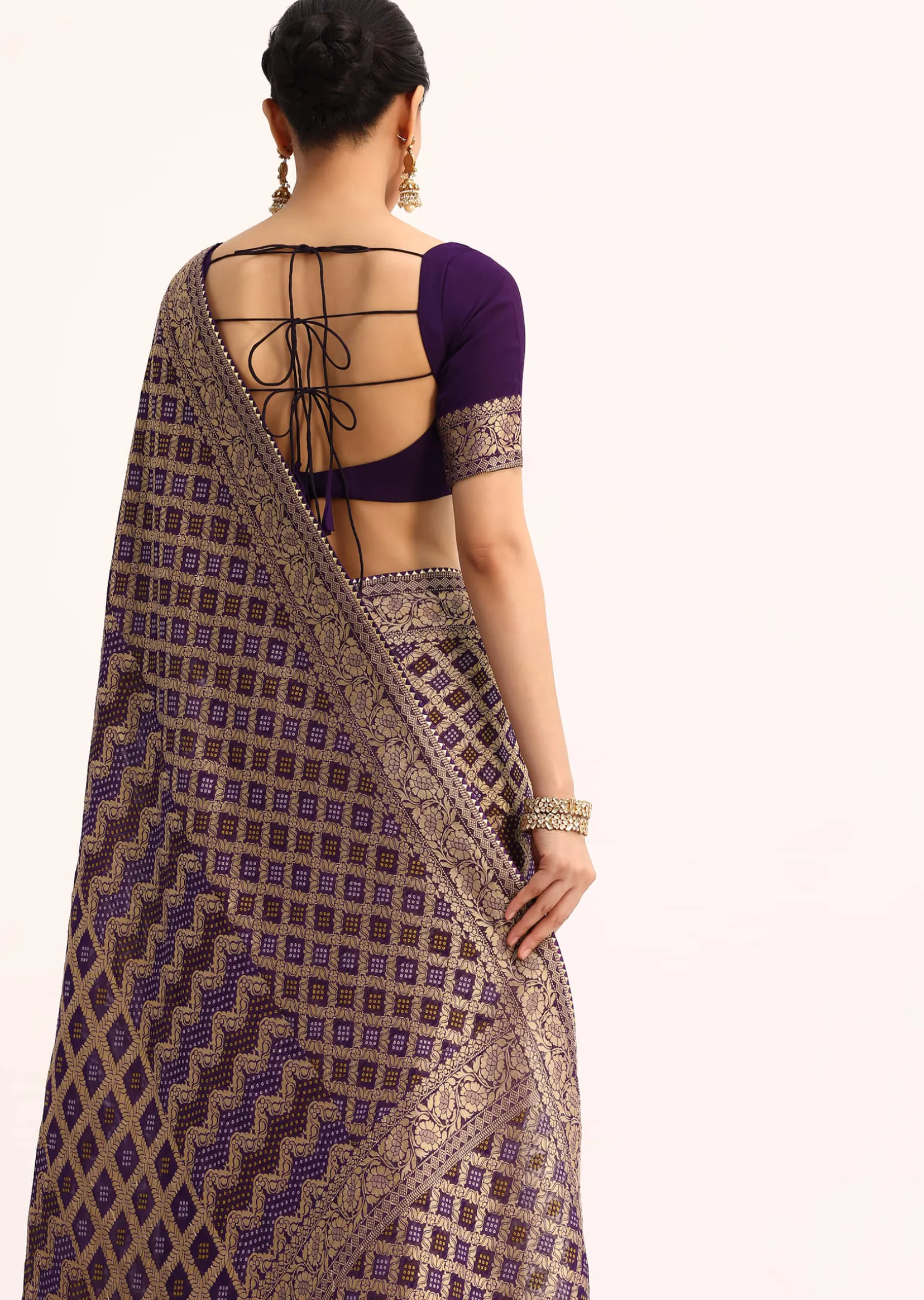 Purple Bandhani Tie Dye Saree With Zari Jaal And Unstitched Blouse