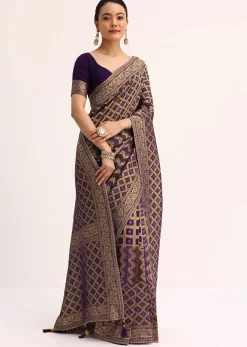 Purple Bandhani Tie Dye Saree With Zari Jaal And Unstitched Blouse