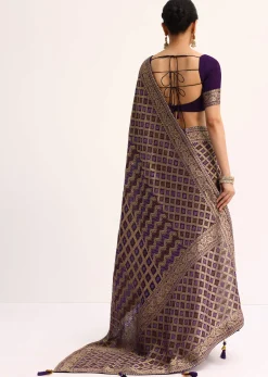 Purple Bandhani Tie Dye Saree With Zari Jaal And Unstitched Blouse