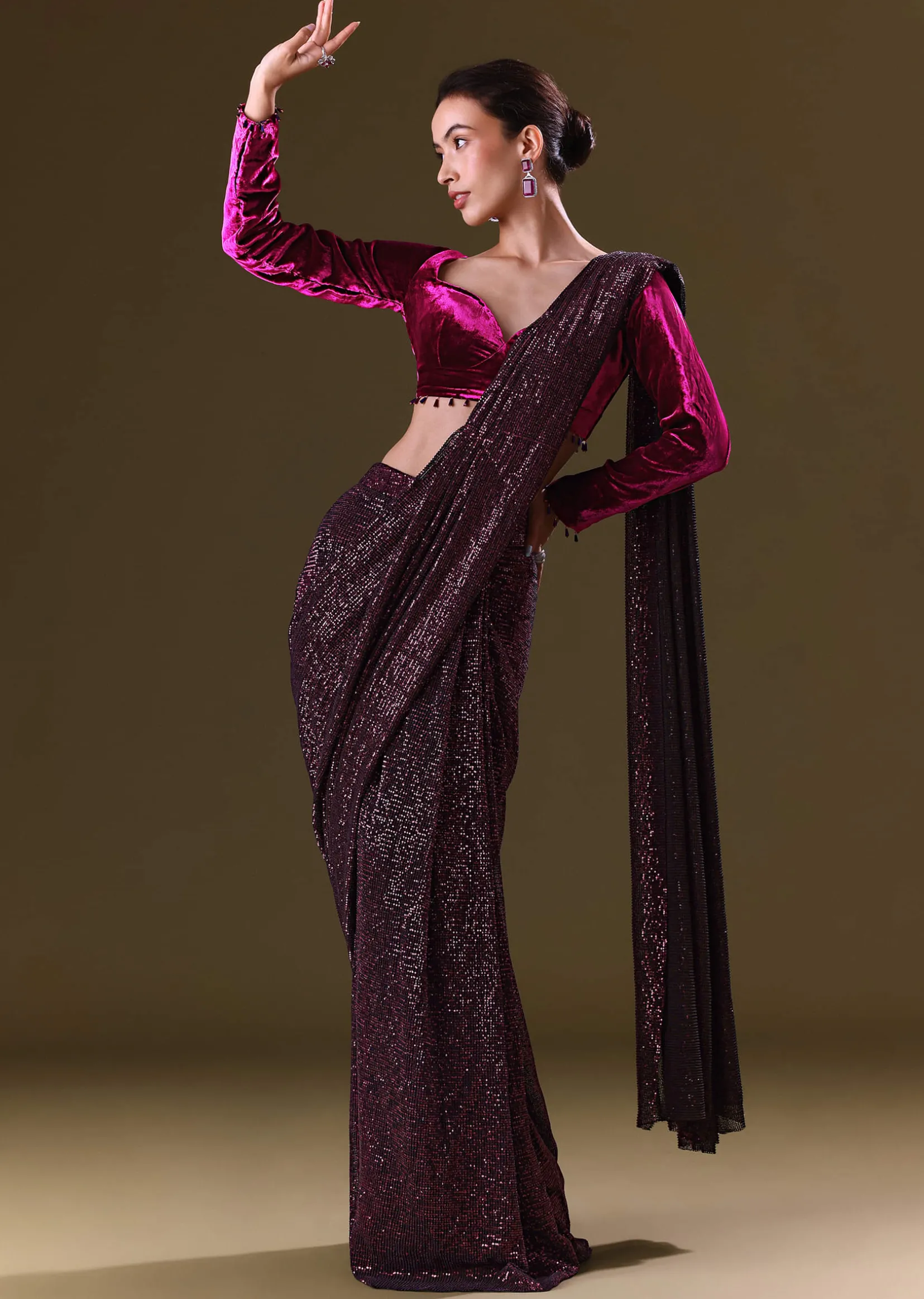 Purple Berry Pre Stitched Sequin Saree With Sweetheart Neck Blouse