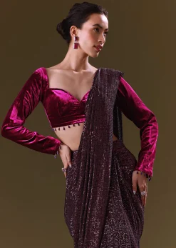 Purple Berry Pre Stitched Sequin Saree With Sweetheart Neck Blouse